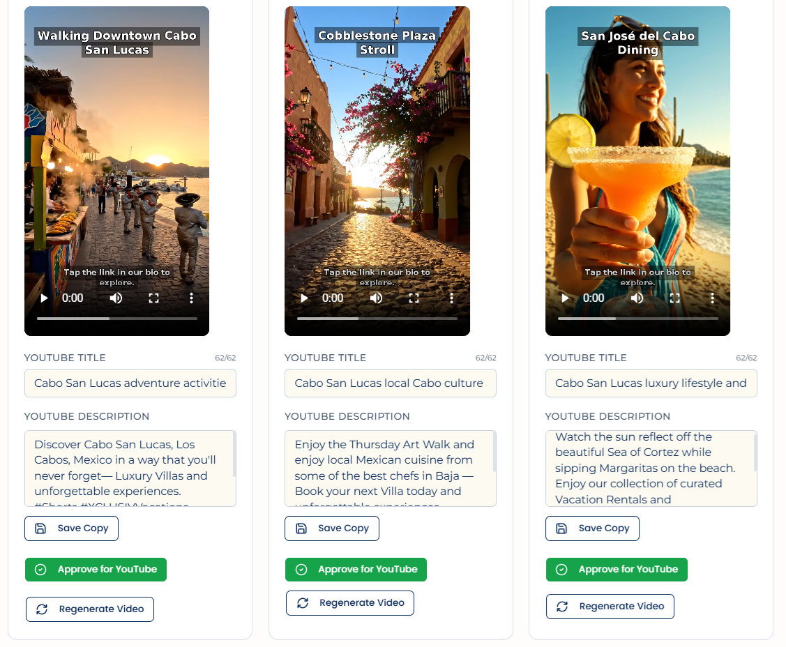 Three YouTube Shorts options with video, title, and description approval controls